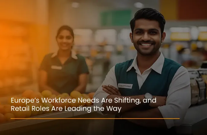 Visual highlighting Europe’s workforce shift with retail jobs emerging as leading roles across European countries.