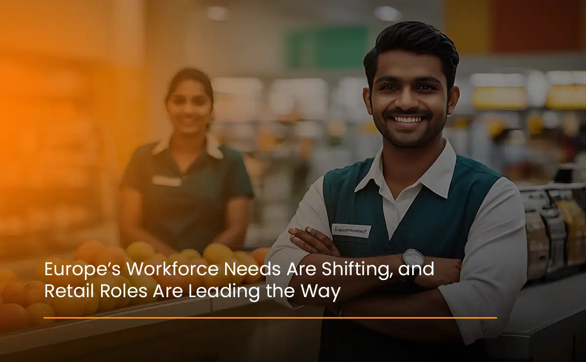 Visual highlighting Europe’s workforce shift with retail jobs emerging as leading roles across European countries.